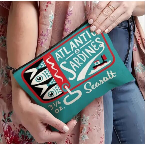 Sardines Tin Can Print Makeup Storage Bag Teal Blue Beach Nautical Fishermancore - Picture 2 of 8